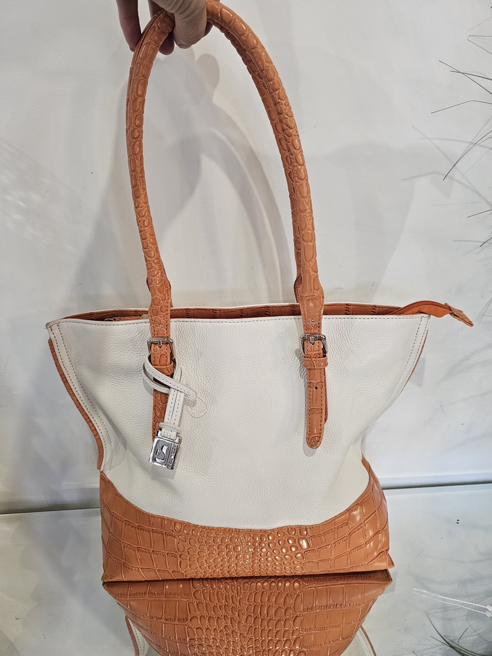 Soprano White Tote with Orange Croc-Trim